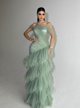 欧美绿色一字肩晚礼服感轻奢小众高端长裙新娘主持人艺考成人礼