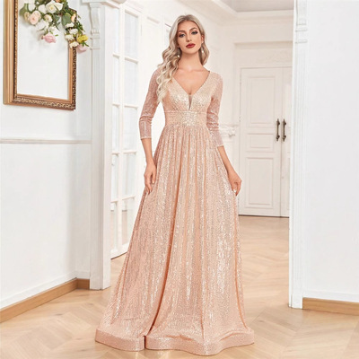 跨境欧美新款亮片长袖晚礼 V领高腰闪亮伴娘礼服晚会连衣裙鸡尾酒