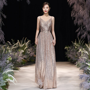 金色宴会晚礼服2024新款大气吊带主持人礼服裙亮片气质长款