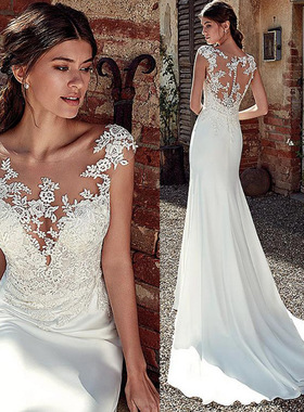 wedding dress婚纱2025夏季新款一字肩长袖婚纱鱼尾水溶蕾丝拖尾