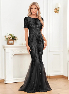 跨境新款欧美新款短袖绿色珠片连衣裙长裙鱼尾修身伴娘宴会晚礼服