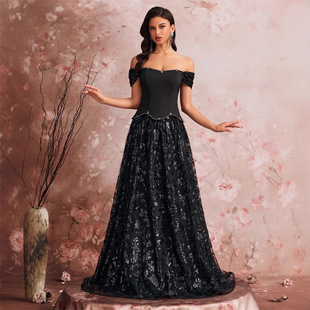 欧美亚马逊优雅晚礼服华丽气质酒会假二件珠片拼接派对礼服