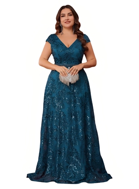 欧美胖MM大码礼服女plus size teal sequin mother of bride gown