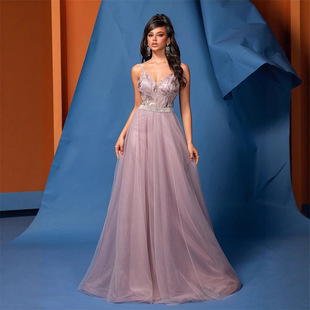 华丽吊带V领珠片粉色伴娘礼服优雅A摆露背钉珠网纱正式晚宴礼服
