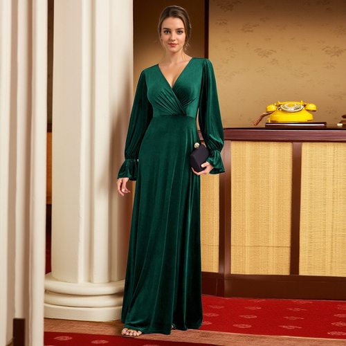 晚礼服V领收腰宴会裙长袖