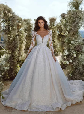 wedding dress精美婚纱森系2025新款新娘简约圆领大露背蓬蓬裙