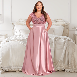 欧美深V大码A摆晚礼服裙主持人晚宴粉色双口袋优雅连衣裙big size