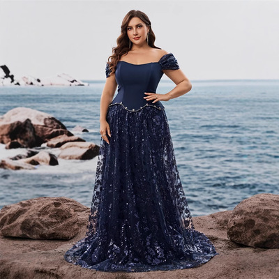 跨境亚马逊肥婆大码优雅珠片拼接假两件酒会晚宴礼服裙妈妈礼服