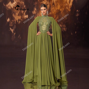 女士正式宴会晚礼服 高端华丽雪纺钉珠立领超长袖晚礼服-SSM020