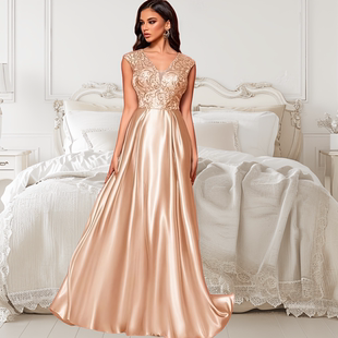 新款高级欧美热销V领鱼尾宴会金色晚礼服连衣裙女evening dress