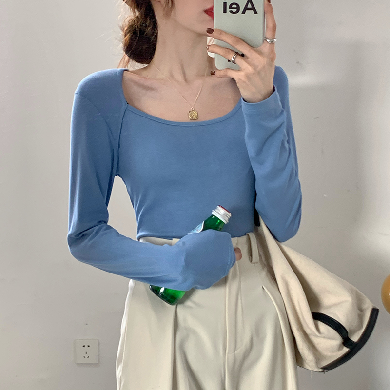 Real shot real price ~ design sense big U-neck high elastic solid color versatile long sleeve T-shirt