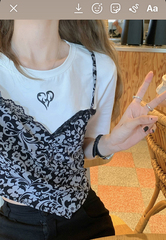 實拍實價~復古純欲小心機鏤空拼接假兩件T恤女