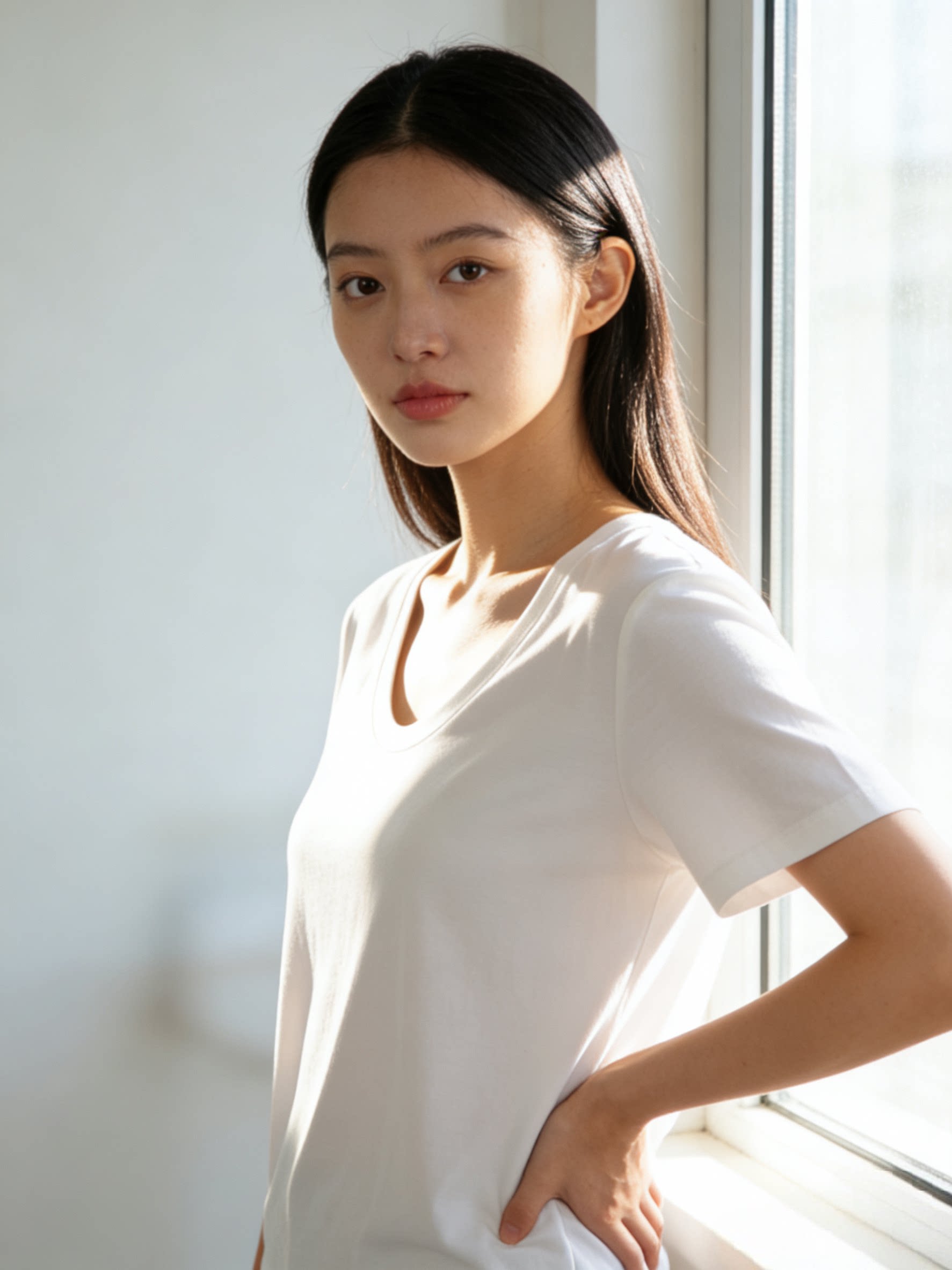 BLAUGRUN夏季女装短袖T恤精致小U领显瘦大气女款不透简约纯色T恤