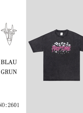 BLAU GRUN 2026新款复古重磅炒盐圆领短袖印花T时尚个性做旧炒色