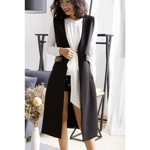 2021春秋新款款纯手工钉珠时尚背心无袖外套优雅中长款开叉马甲女