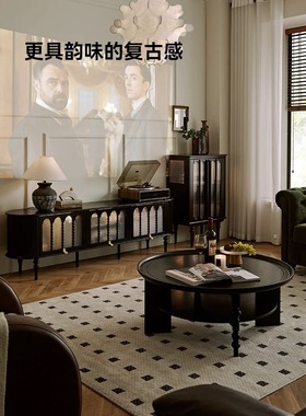 法式复古实木电视柜黑色高级小户型收纳储物柜新款一体客厅美式