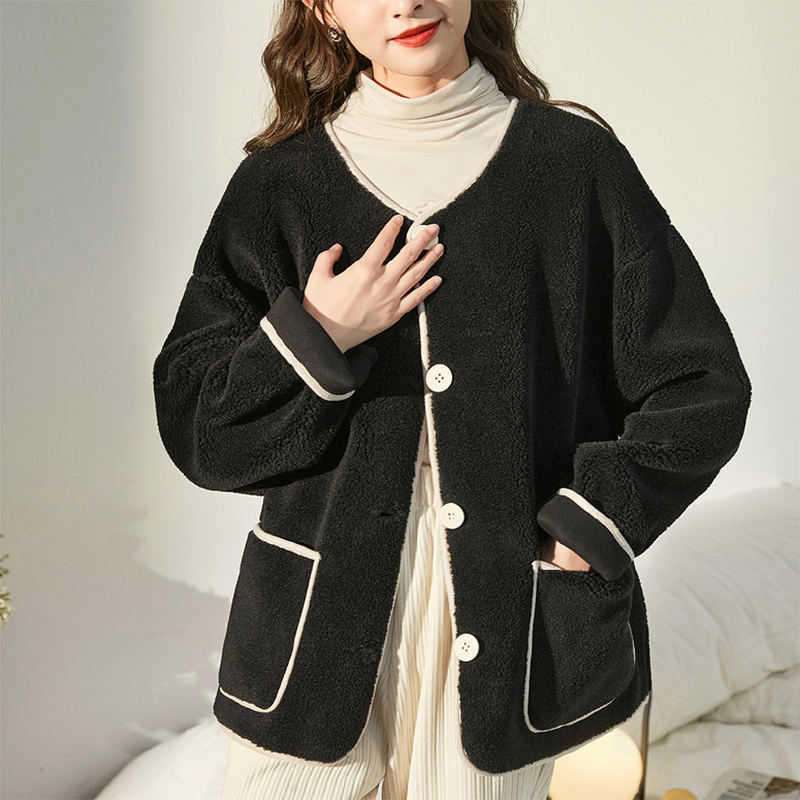 唐系列女装秋冬时尚休闲慵懒风仿羊羔毛短款贴袋圆领长袖夹克/Y-1