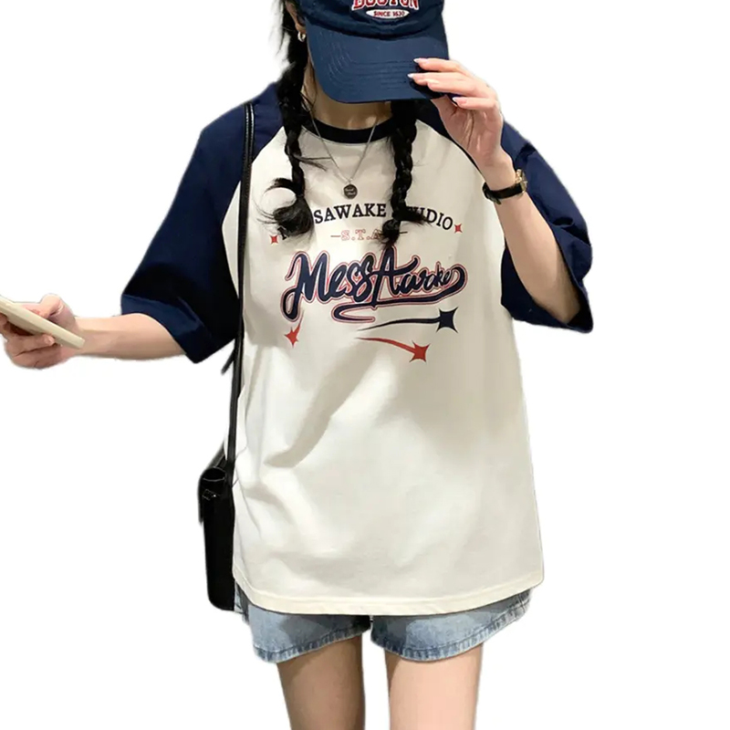 唐系列女装夏季时尚前胸字母纯棉圆领套头插肩袖短袖T恤/10-70