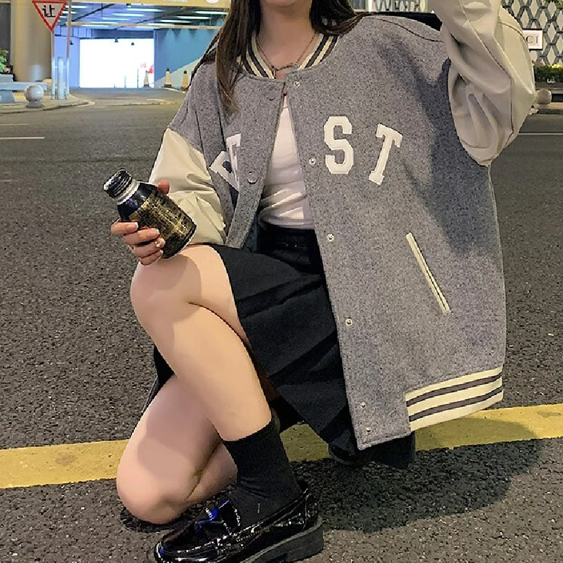 唐系列女装2025春季新款时尚字母拼接长袖棒球领夹克外套/1-19