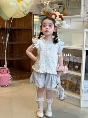 opolala童装2026夏新款女童韩版抽绳蕾丝短裤碎花吊带两件套T恤