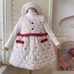 秋冬女童甜美两件套连衣裙加绒打底上衣可爱小兔子背心裙套装