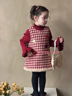 苏西女童红色夹棉格子女宝宝新圣诞公主裙新年礼服背心连衣裙