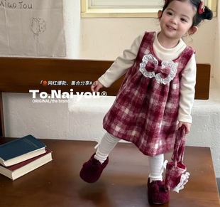 加绒儿童女宝宝格纹蝴蝶结公主裙子两件套 冬季 2025年款 女童套装