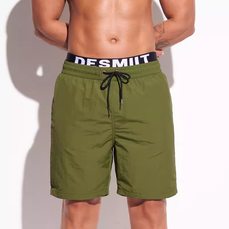 DESMIIT 男士沙滩裤双腰带速干内衬可下水薄款宽松5分运动短裤