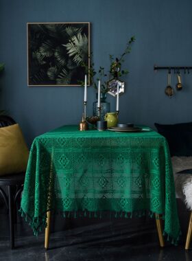 餐桌布绿色复古美式钩针编织镂空文艺茶几盖布钩花粉色长方形台布