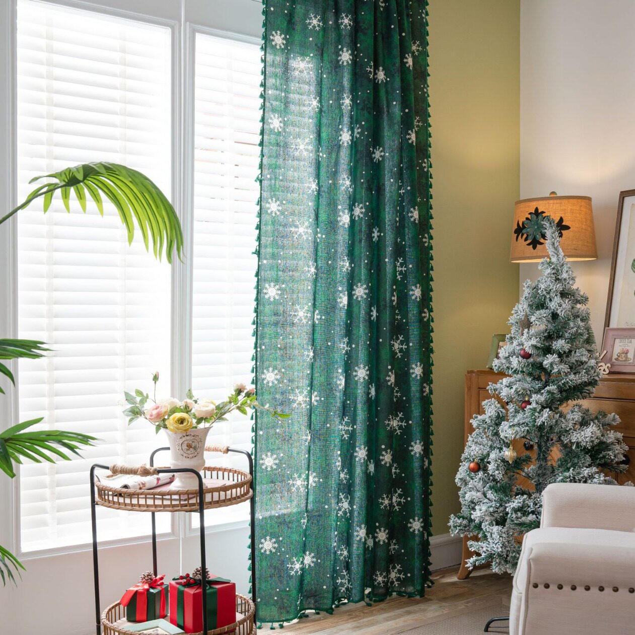 窗帘成品绿色雪花圣诞半遮光厨房帘隔断帘飘窗棉麻客厅卧室窗帘