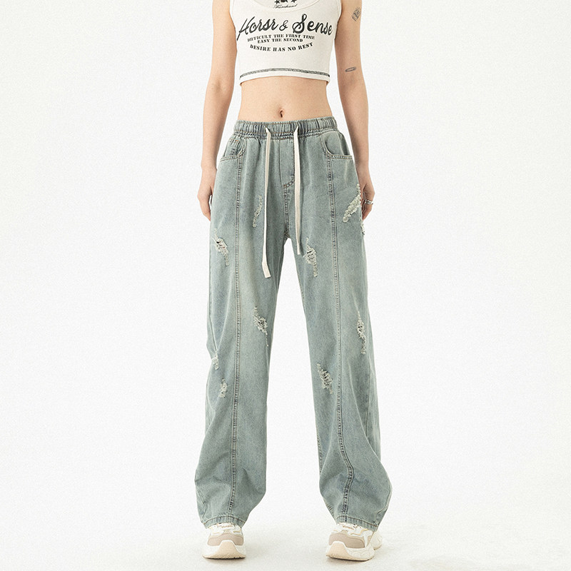 女装类目现货抖音品美式高街破洞牛仔裤男女夏潮冰丝薄GX06P65，女装牛仔裤，电商C303A