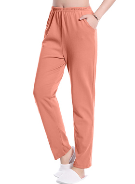 睡裤女春秋季100%纯棉纯色素色橙色加大空调房长裤防蚊全棉家居裤