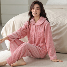 冬季加厚法兰绒女睡衣系扣厚实珊瑚绒保暖睡衣女套装家居服