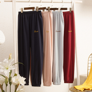 春秋季女款单件纯棉睡裤运动休闲可外穿松紧裤脚口长裤全棉家居裤