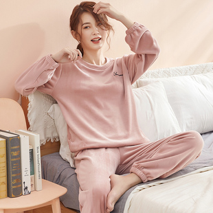 高弹力海岛绒睡衣女冬季加厚珊瑚绒松紧缩口法兰绒保暖家居服套装