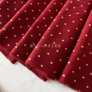 西云【红底白爱心纯棉布料-148宽】磨毛印花新年手工童装衬衫娃衣