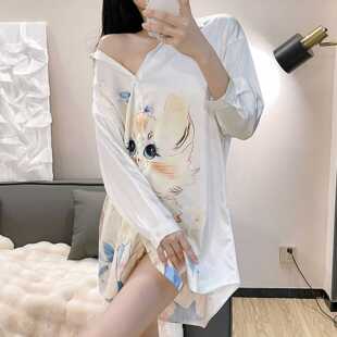 衬衫女春秋款印花性感可爱猫咪美女时尚高级感轻奢中长款女