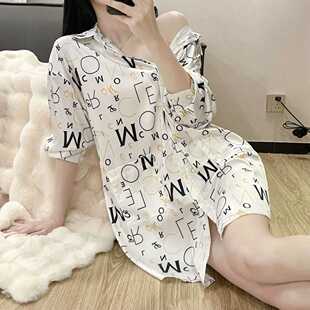 私房睡裙女春秋性感男友风衬衫睡衣夏季可外穿宽松印花纯色家居服
