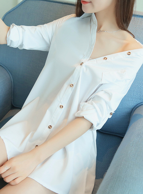 白衬衣女中长款韩范bf风衬衫性感睡衣宽松长袖百搭开衫上衣衬衫裙