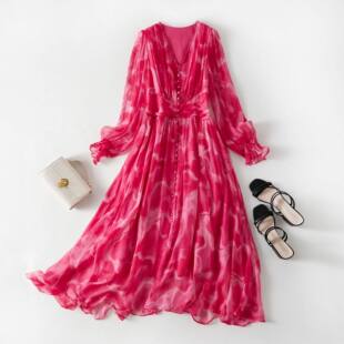 女装真丝连衣裙长袖法式v领桑蚕丝长款沙滩裙86050