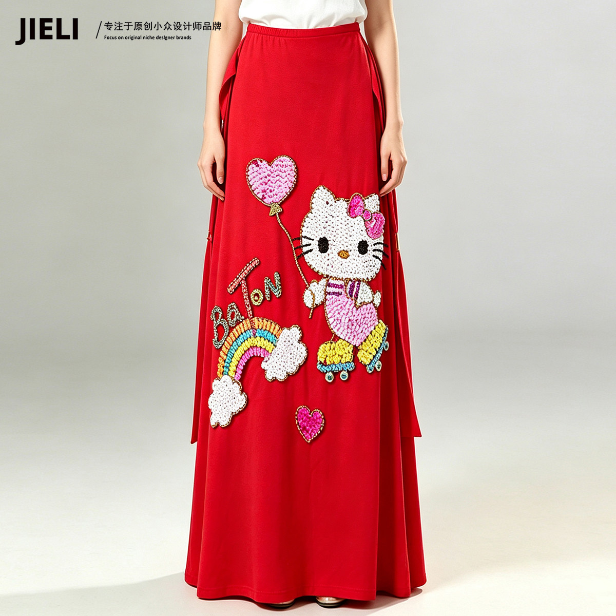 JIELI/街力 可爱卡通印花半身裙女红色中长裙显瘦遮肉大摆裙