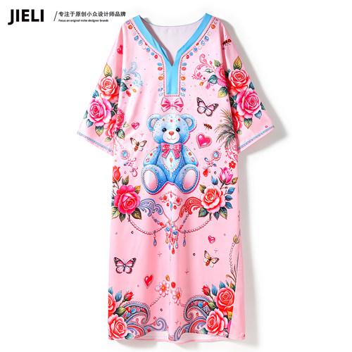 夏季甜美V领短袖玫瑰印花连衣裙