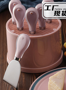 厨房刀不锈钢芝士刀套装塑料柄含刀座厨房餐具刀叉芝士刀礼品套装