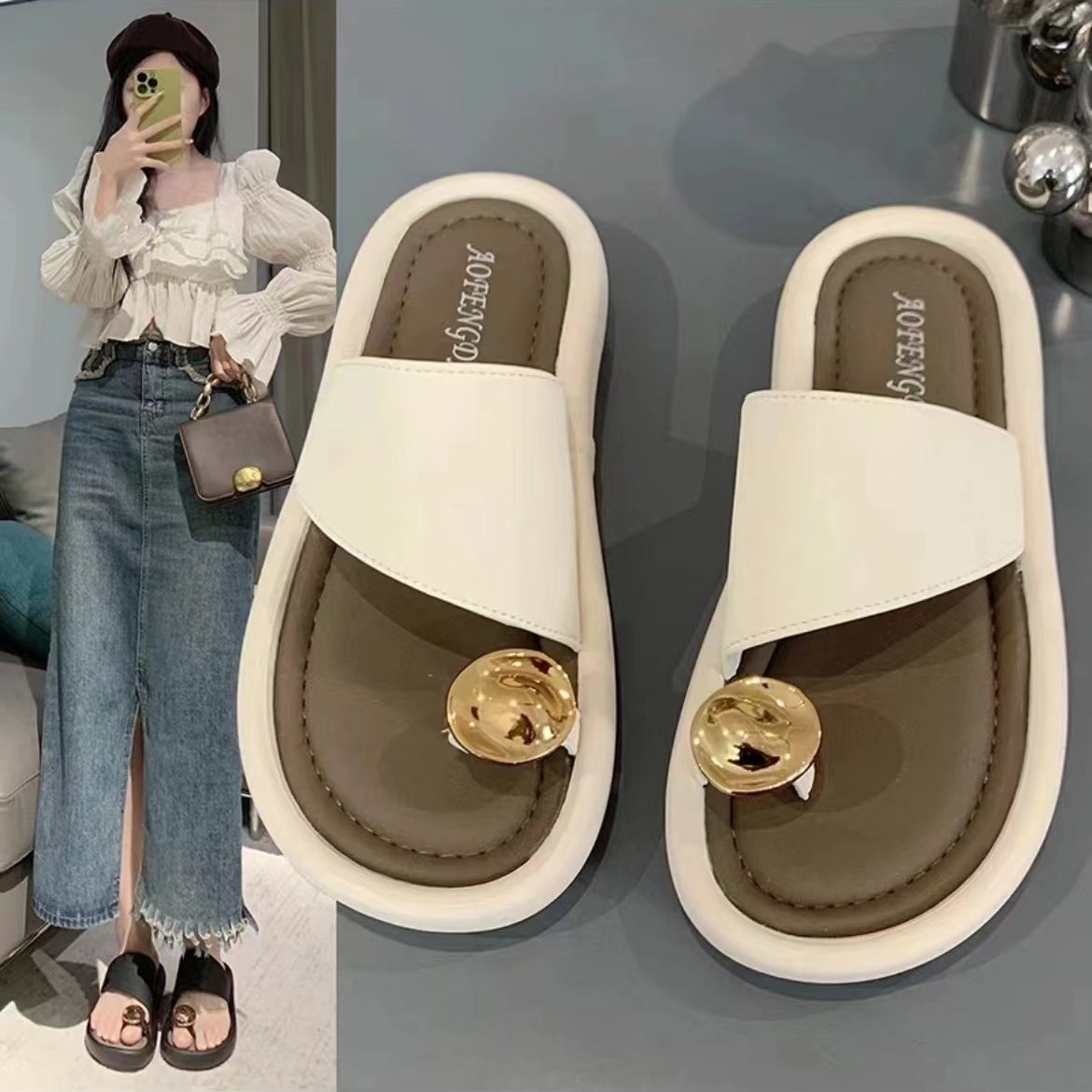 2025年新款百搭时尚8813-1拇指圆扣外穿小香风凉拖女鞋夏款,女鞋,一字拖,淘宝优惠券,粉丝福利购,淘宝优惠卷