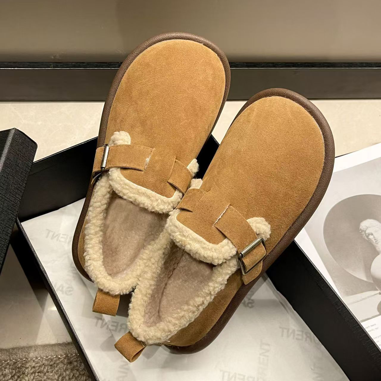 MF博肯鞋女保暖女鞋2024年冬季新款豆豆鞋平底毛毛鞋孕妇鞋棉