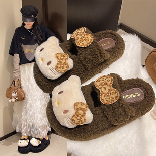 2026年秋冬新款8861-1猫头大蝶结可爱凯蒂猫百搭外穿保暖毛毛拖鞋