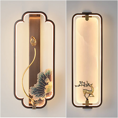 全铜新中式客厅壁灯中国风装饰梅花鹿LED背景墙灯云石卧室床头灯