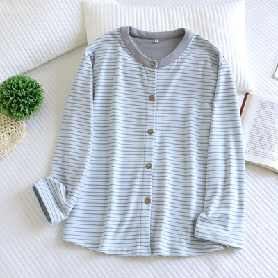 春秋冬季条纹德绒睡衣女上衣保暖