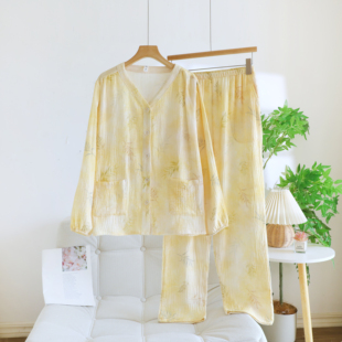 A类超柔软100%纯棉纱布睡衣女款春秋长袖双层全棉开衫外穿家居服