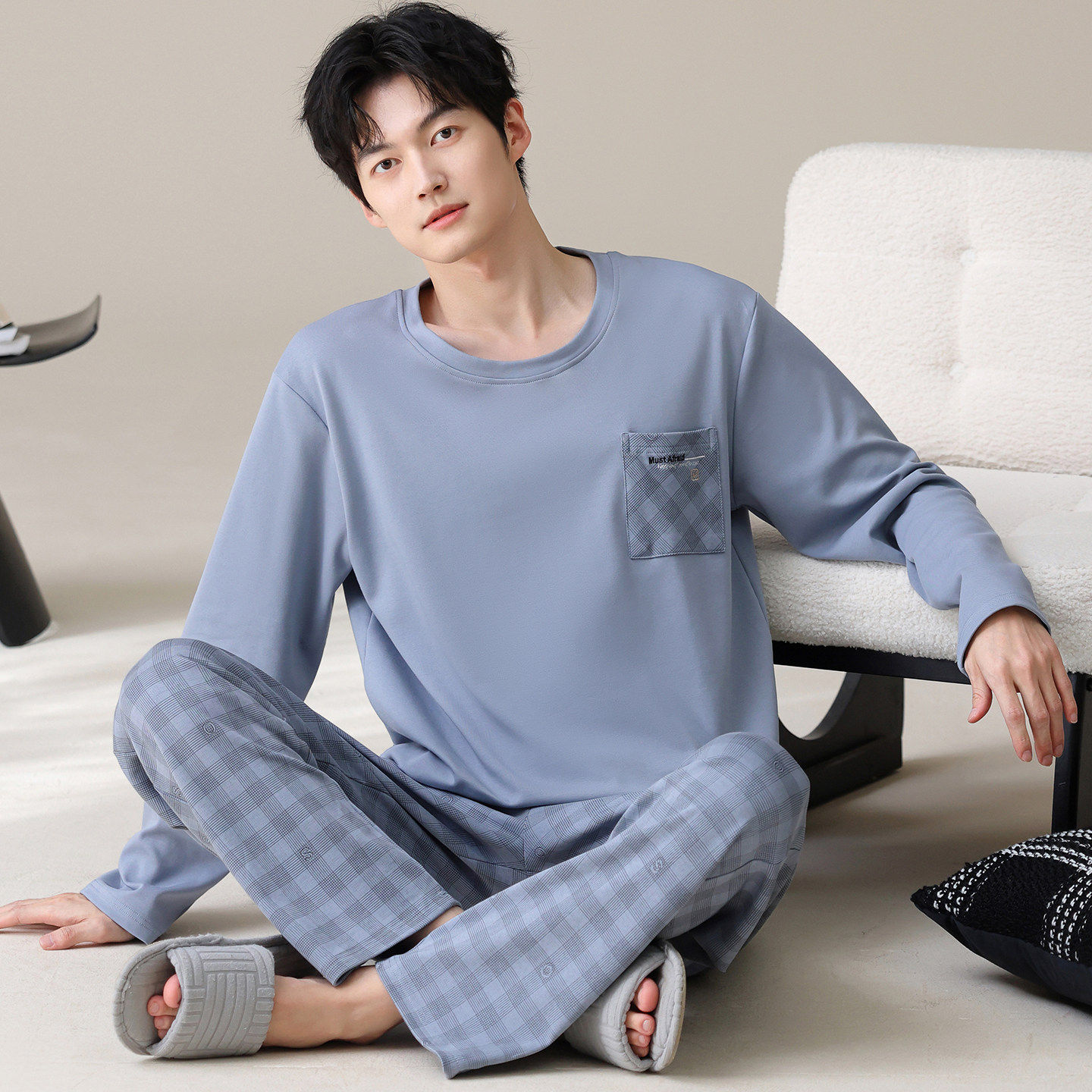 2026春季纯棉睡衣男士长袖长裤格子经典简约家居服可外穿大码套装